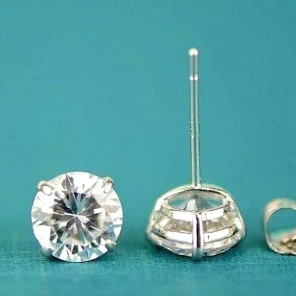 Solid 14k White Gold Heavy Basket Set Earrings w/AAA Quality White Stone Sz 9mm